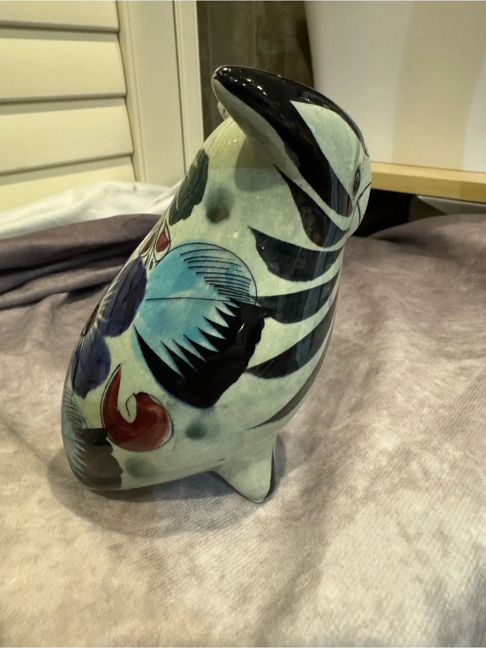 Mexican Tonala Handcrafted Black and Cream Owl Figurine - Decorative Home Accent